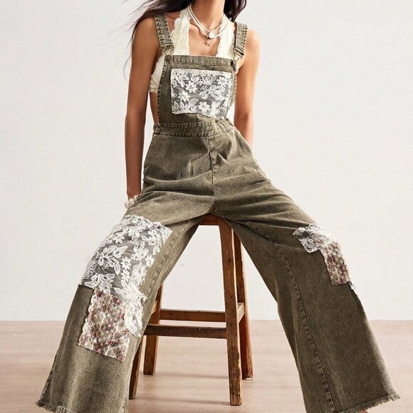 Army Green Casual Womens Boho Woven Loose Washed Patchwork & Lace overalls pants - Picture 1 of 8